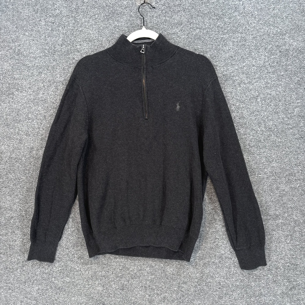 Polo Ralph Lauren Sweater Mens Medium Gray 1/4 Zip Cotton Knit Pullover Pony